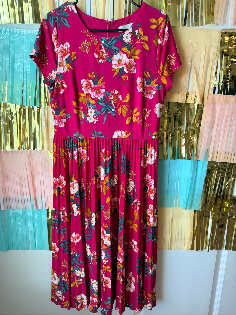 LOFT Bright Magenta Floral Dress with Multicolor Blooms